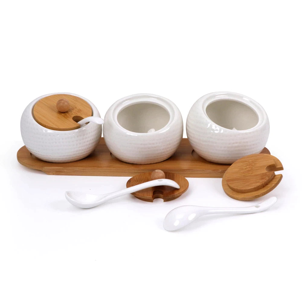 Condiment Spice Jar Set of 3 Ceramic Condiment Spice Jars with Serving  Spoons and Ceramic Lids 